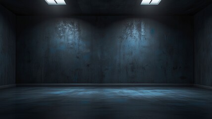 Free Photo Empty Dark white Studio Background and black Floor Concrete perspective with blue soft light well editing Floor Display product and text present on Wall Room