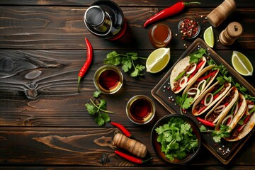 Rustic tabletop with spicy Mexican tacos and refreshing beverages