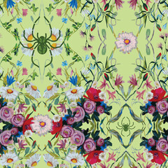Fototapeta premium vector, seamless pattern of wild flower spider meadow. Daisies, roses, bells, cornflowers on a warm light green background.