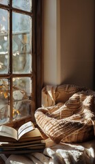 Cozy Morning Reading Nook with Sunlight, Open Book and Warm Blanket by Rustic Window