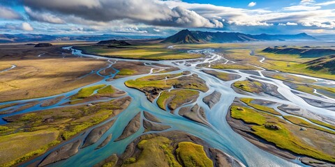 Aerial view of a complex glacial river delta in Iceland, glacial, river, delta, aerial, photograph, Iceland, meandering - Powered by Adobe