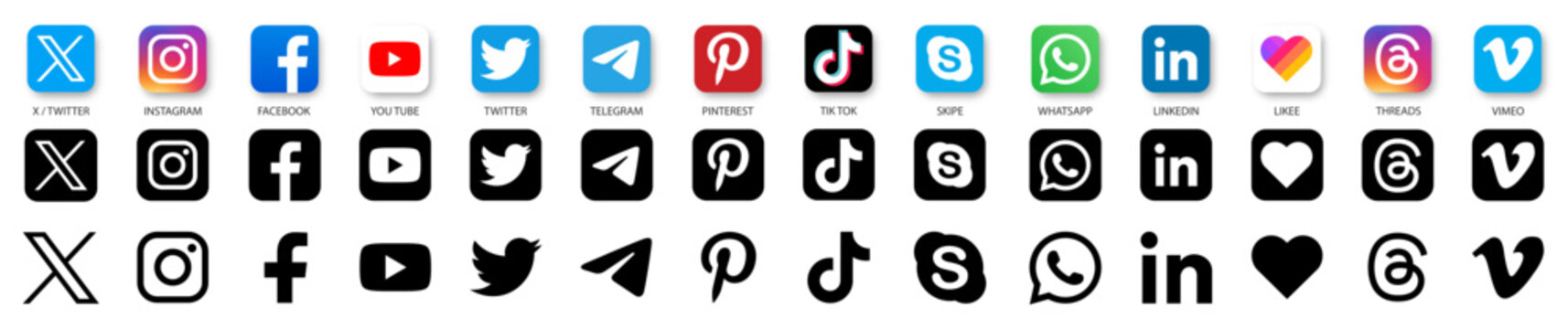 Instagram, Twitter, Threads, Facebook, Twitter, Youtube, WhatsApp, Vimeo, Pinterest, Linkedin, Likee, Skipe, Telegram. Social media logo set. Vector illustration