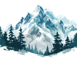 Fototapeta premium white background, A snowy mountain peak with pine trees., very simple and isolate in the style of animated illustrations, white background
