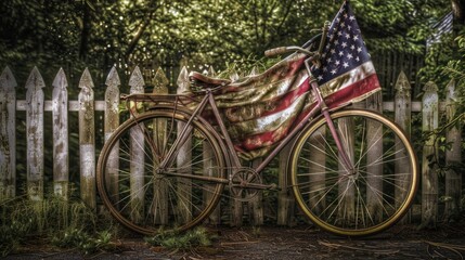 Fototapeta premium n American flag draped over a vintage bicycle, parked next to a picket fence