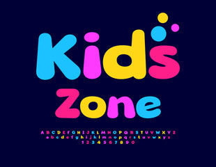 Vector creative emblem Kids Zone. Children cute Font. Bright Colorful Alphabet Letters and Numbers set.