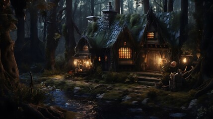 Depiction of a Witch's Cottage Hidden in the Woods