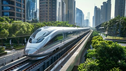 Fototapeta premium Modern cityscape with high speed train, realistic urban transportation scene for travel concepts