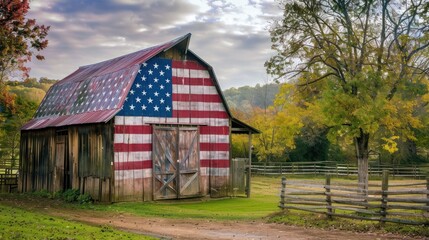 Obraz premium n old-fashioned wooden barn painted with the American flag, set in a serene rural setting