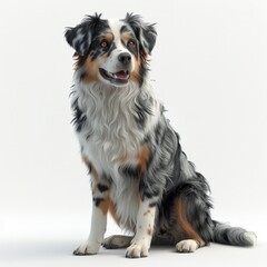 An intricate 3D render of a dog sitting attentively, with lifelike fur details, expressive eyes, and a slightly tilted head, showcasing a lovable and loyal companion, isolated on a white background