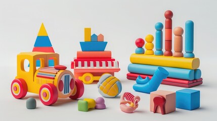 Three classic baby toys: colorful car wheels, multicolored xylophone, and assorted geometric cubes, cutout and isolated, bright and playful, digital illustration