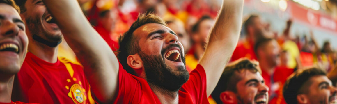 Spanish football soccer fans in a stadium supporting the national team, La Selecci&oacute;n, La Furia Roja
