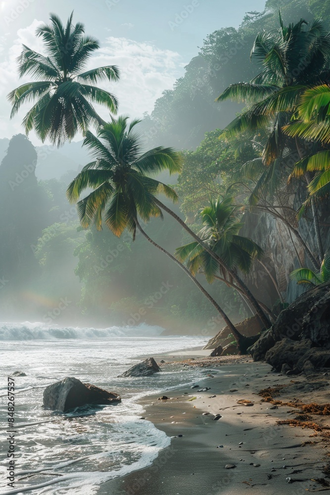 Poster Rocky tropical beach with palm tree