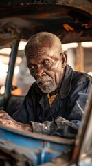 Obraz premium African old man mechanic repairing and fine-tuning classic cars in their garage