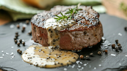 Filet Mignon with Creamy Green Peppercorn Sauce. Food blog, restaurant menu, and culinary promotion concept.