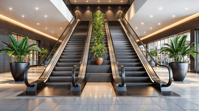 Two escalators in the luxury hall with tropical plants Hotel or shopping mall hall.