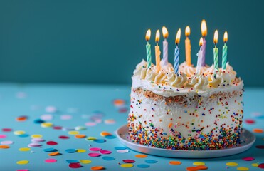 Colorful birthday cake with lit candles, surrounded by vibrant confetti, set against a bright blue background