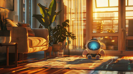 , Holographic robo-pet, Relaxing at Home, Cozy living room, Sunset, Photography, Golden Hour Lighting, Vignette