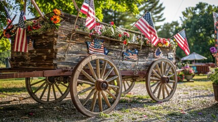 n old-fashioned wooden wagon decorated with American flags and flowers