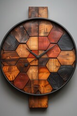 Wooden decorative wall clock featuring simple geometric shapes, displayed on a clean, white background
