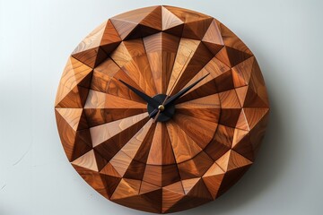 Wooden decorative wall clock featuring simple geometric shapes, displayed on a clean, white background
