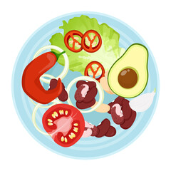 Mexican food ingredients on blue round plate