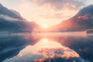 Sunset or Sunrise Over Mountain Lake with Reflection, Beautiful Landscape Background