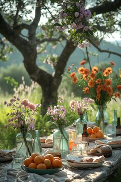 Filled with vases of fresh flowers and pitchers of fresh water, creating a refreshing and vibrant atmosphere