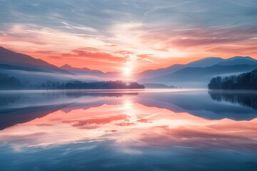 Fototapeta premium Sunset or Sunrise Over Mountain Lake with Reflection, Beautiful Landscape Background