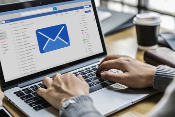 Clean and minimalistic geometric envelopes showing emails displayed on laptop screen