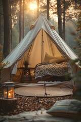 cozy tent bathed in the golden rays of the setting sun, offering tranquility and warmth