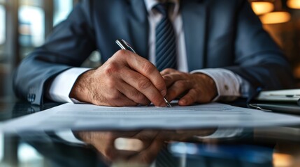 Manager signing contract in realistic image with shallow depth of field at aperture f 2.8