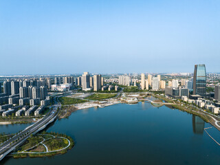 Fototapeta premium view of lake and moden city