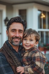 Fototapeta premium joyful father holds his adorable son in the front yard, capturing a heartwarming family moment outdoors