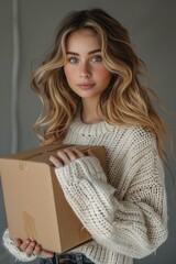 Young woman with a joyful smile holding a cardboard box against a grey background