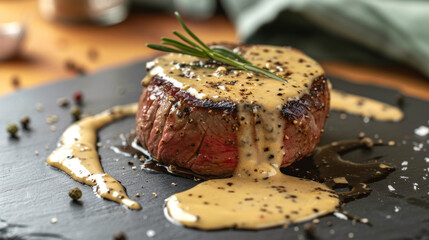 Filet Mignon with Creamy Green Peppercorn Sauce. Food blog, restaurant menu, and culinary promotion concept.