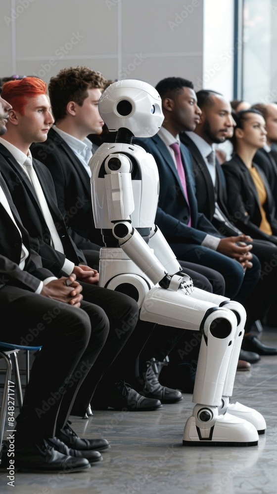 Poster a robot is sitting in a room with a group of people