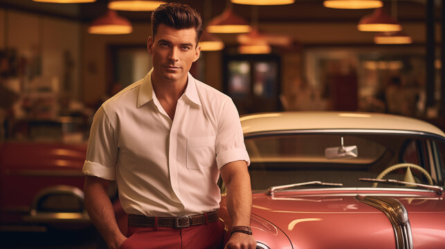 Man with Vintage Pompadour Haircut by Classic Car at Retro Diner