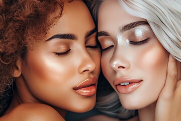 Obraz premium Colorful portrait of two beautiful curly blonde women posing happily in light beige and silver tones