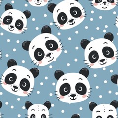 Adorable kawaii panda faces pattern on a blue background with polka dots, perfect for children’s designs and cute projects.