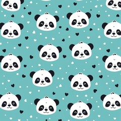 Kawaii panda faces pattern with hearts on a teal background, ideal for children’s products and cute decorative items.