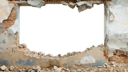 Crumbling brick and plaster wall creating a rough frame with a hole in the center, exposing a blank black space. PNG transparent Background.
