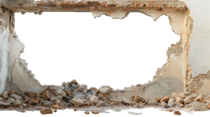 Ruined stone wall with broken section, showcasing aged structure and deteriorated brickwork in an abandoned area. PNG transparent Background.