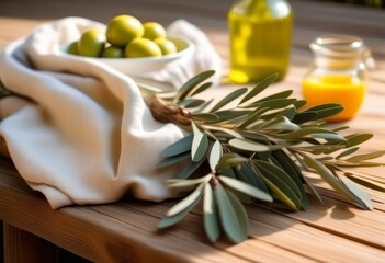 An outdoor scene with a wooden table, olive tree plant, and cloth draped over it