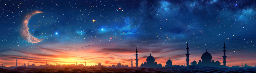 Beautiful night sky with a crescent moon over a silhouetted mosque skyline at sunset, showcasing vibrant colors and serene ambiance.