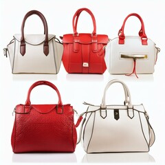 set collection of stylish women handbag purse, red and white leather, different colors and style, luxury elegant ladies hand bags, Ai Generate