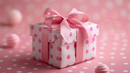 Fototapeta premium Beautiful polka dot gift box with pink ribbon bow on pastel pink background, perfect for celebrations and special occasions.