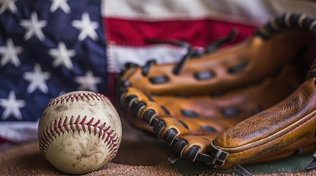 close-up of a baseball glove and ball, with an American flag in the background