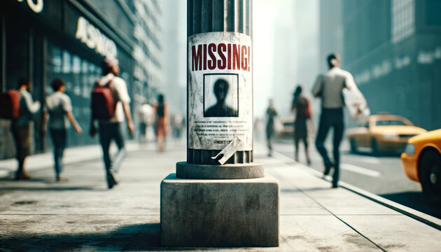 Missing Person Poster on City Street Light Pole with Busy Pedestrians and Traffic. International day of the Disappeared