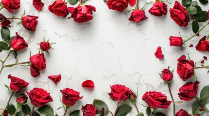 Frame of red roses on a white backdrop