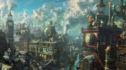 A time-traveling steampunk city with Victorian-era buildings and futuristic steam-powered...